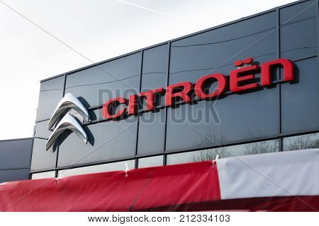 Prague, Czech Republic - November 5: Citroen Car Company Company Logo In Front Of Dealership Buildin