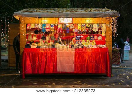 CHIANCIANO TERME, ITALY - NOVEMBER 4, 2017: Kiosk in the Christmas market of Acqua Santa park in Chianciano Terme, Winter time
