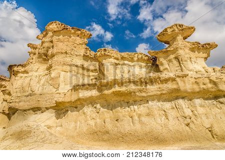 A view of the rock formations Erosions of Bolnuevo on the Spain Mediterranean coast