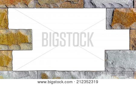 The wall of natural stone, grunge frame, white background close-up