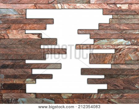 The wall of natural stone, grunge frame, white background close-up
