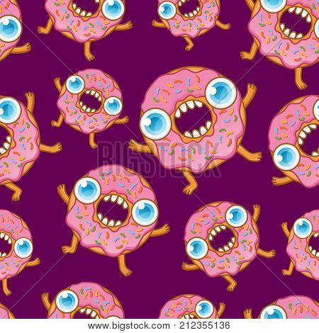 Funny donuts seamless pattern. Vector cartoon illustration