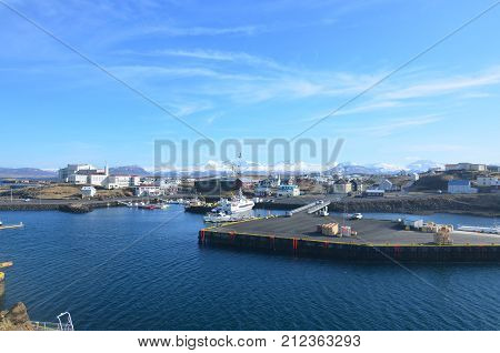 Seascape view of Stykkisholmer Iceland from the basalt island known as Sugandisey lookout.