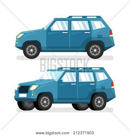 Blue SUV car in flat style - detailed vector illustration. A side view and in a half-turn.