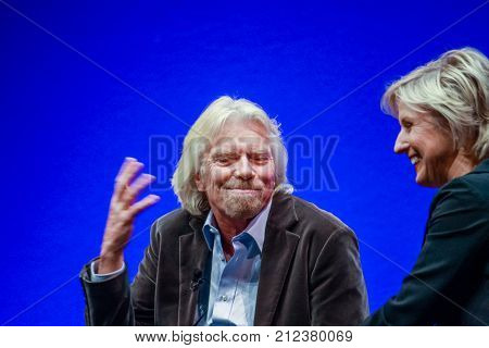 FRANKFURT GERMANY - MAY 17: Richard Branson Founder and President of Virgin Group answering to SAP moderator in his keynote at SAPPHIRE conference of SAP company MAY 17 2010