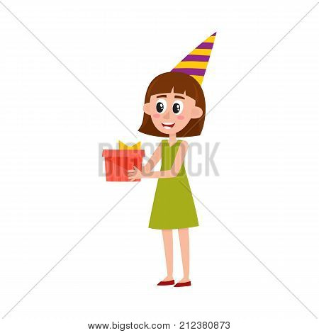 Pretty girl, woman in birthday hat holding, giving present box, cartoon vector illustration isolated on white background. Full length portrait of pretty girl with present box on birthday party