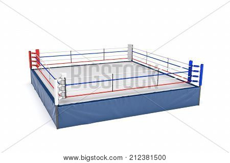 3d rendering of an empty boxing ring in side view to its corner isolated on white background. Professional boxing. Sports and recreation. Fighting competition.