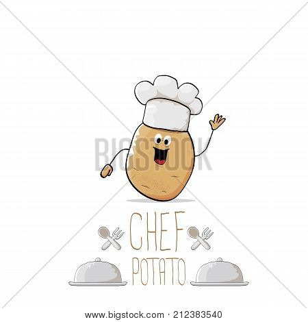 vector funny cartoon cute brown chef potato with mustache and beard isolated on white background. My name is potato vector concept. vegetable funky character with chef hat