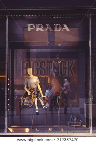 Shop Window With Prada Manikins And Clothes In Kiev