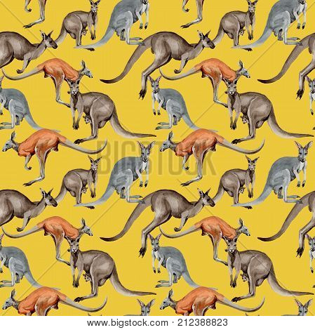 Exotic kangaroo wild animal pattern in a watercolor style. Full name of the animal: kangaroo, wallaroo, wallaby. Aquarelle wild animal for background, texture, wrapper pattern or tattoo.
