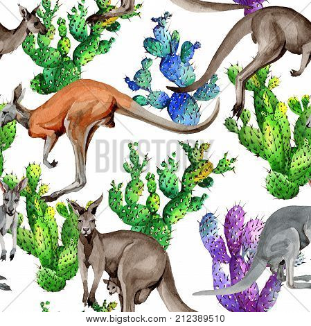 Exotic kangaroo wild animal pattern in a watercolor style. Full name of the animal: kangaroo, wallaroo, wallaby. Aquarelle wild animal for background, texture, wrapper pattern or tattoo.