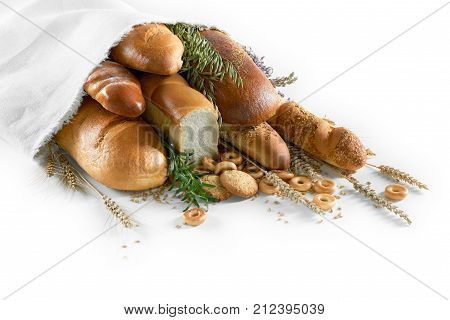 Close up of various assortment of delicious tasty bread isolated on white store shop retail groceries supermarket eating food nutrition buying organic natural ingredients bakery.