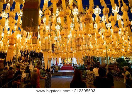 Lamphun Thailand - October 27 2017: Wat Phra That Hariphunchai decorated with lantern in Yee Peng festival
