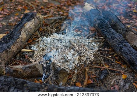 hiking fire place bbq in forest with small fire and ash boy scout natural