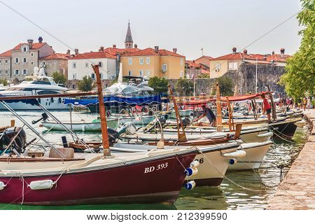 Budva, Montenegro - August 28, 2017:  Marina for sailing yachts and boats overlooking the old town off the coast of Budva, Budva Riviera.