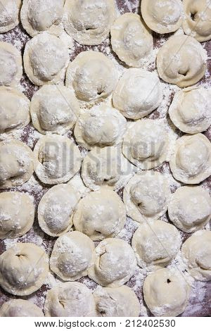 Dumplings of hand-made meat, sprinkled with flour on the table.