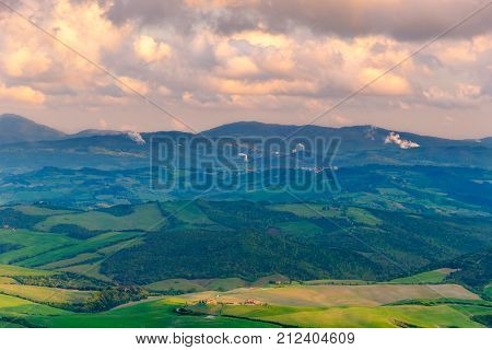 Aerial View Of The Countryside Outside The City Of Volterra