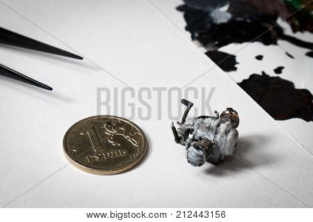 Plastic Model Of Motorcycle Engine Painted By Hand.