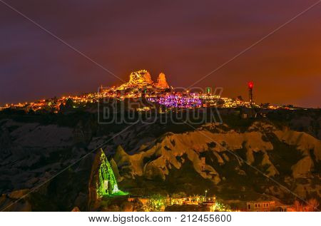 Night Ancient Town And A Castle Of Uchisar, Landscape Cappadocia Turkey