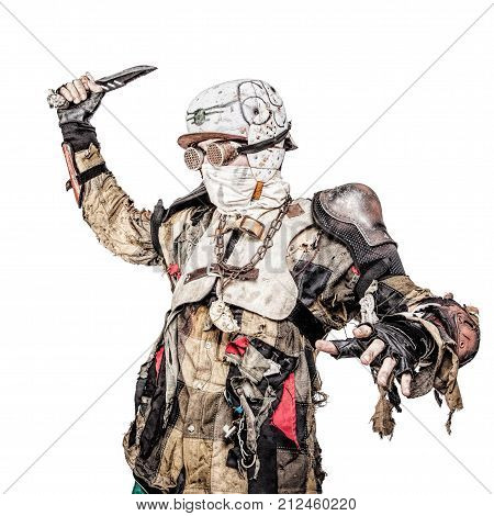 Post apocalyptic survivor creature with homemade weapons