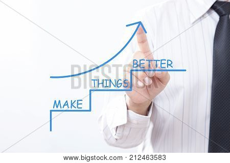 Businessman tap arrow pointing up with Make things better - Improvement Concept.