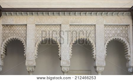 Riola Italy - 2nd November 2017: Rocchetta Mattei castle in Riola Grizzana Morandi - Four arches in nice composition white stone