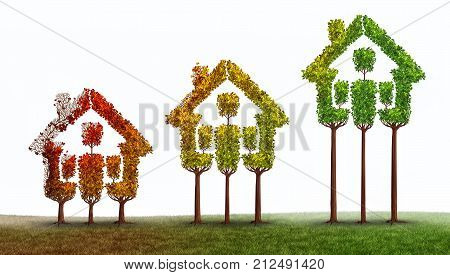 Real estate rise and housing market recovery industry growth or home renovation contruction concept with 3D illustration elements.