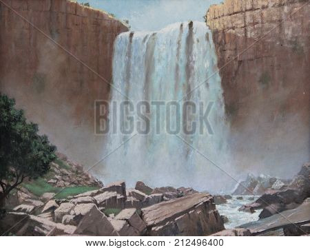 Old vintage waterfall over rocky cliff landscape oil painting with water misty spray on fractal rocks