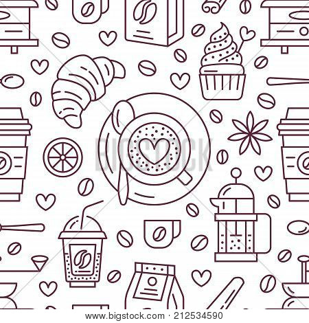 Seamless pattern of coffee, vector background. Cute beverages, hot drinks flat line icons - coffee maker machine, beans, cup, grinder. Repeated texture for cafe menu, shop wrapping paper.