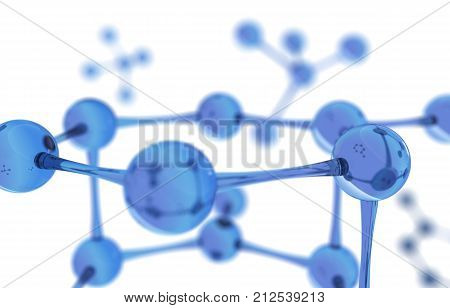 Blue glass molecule structure. Model of simplicity particle. 3D rendering.