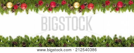 Christmas tree branches on white background as a border or template for christmas card