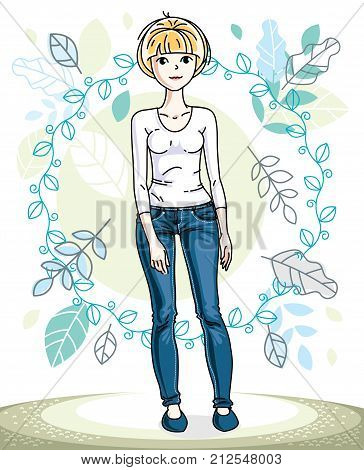 Happy young blonde woman posing on background of spring landscape and wearing fashionable casual clothes. Vector attractive female illustration. Springtime fashion and lifestyle theme cartoon.