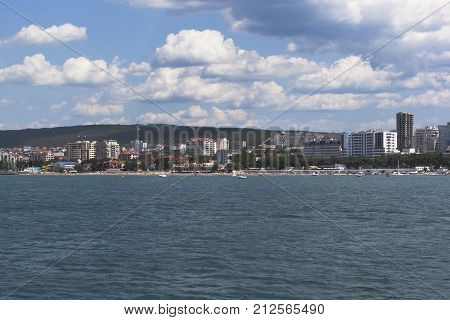View from the sea on central beach resort town Gelendzhik, Krasnodar region, Russia