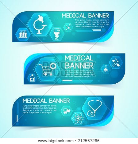 Science and health blue horizontal banners set flat isolated vector illustration