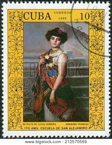 CUBA - CIRCA 1988: Postage stamp printed in Cuba devoted to 170 anniversary of the San Alejandro Academy of Fine Arts Havana Paintin shows Elena Herrera by Armando Menocal circa 1988