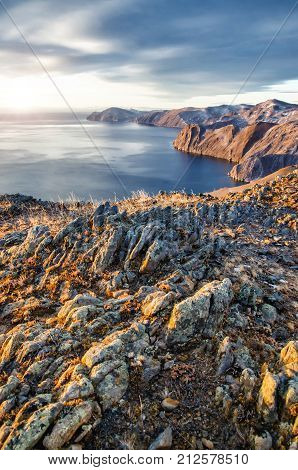 View above big beautiful lake sunrise, Baikal lake, Russia