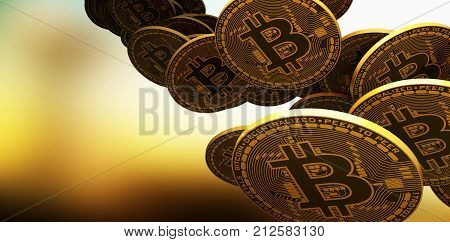 Many gold bitcoins laying on reflective surface, 3d Rendering