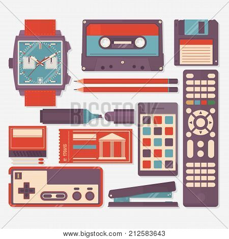 Retro equipments accessories and things icons set.Vector illustration