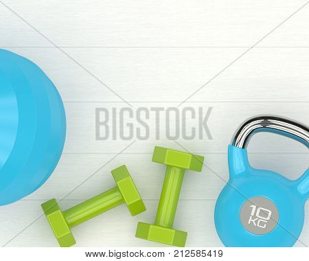 3D Rendering Of Dumbbells, Kettlebell And Fitness Ball