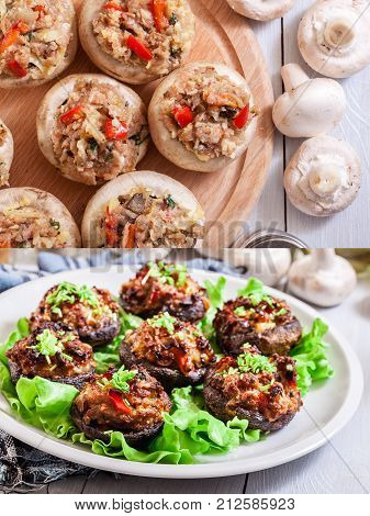 Champignon caps stuffed with minced meat. food enad drink