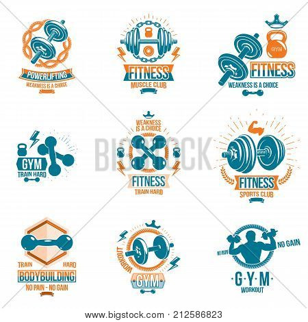 Set of vector fitness workout and weightlifting gymnasium theme logotypes and inspiring posters made using dumbbells disc weights sport equipment and muscular athlete body silhouettes.