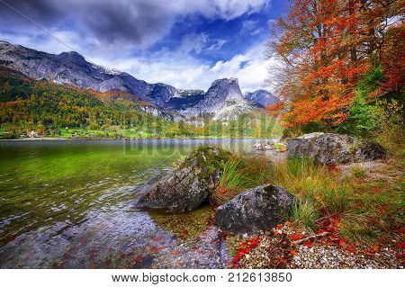 Idyllic autumn scene in Grundlsee lake. Location: resort Grundlsee Liezen District of Styria Austria Alps. Europe.