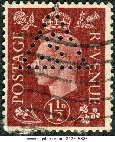 UNITED KINGDOM - CIRCA 1937: Postage stamp printed in England (Perfin 