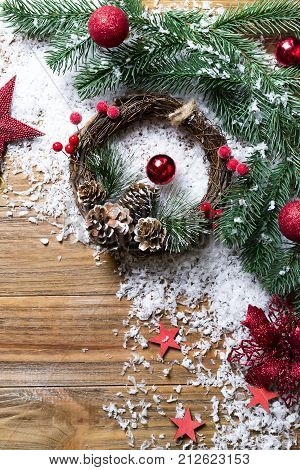festive background with Christmas tree gift boxes and Christmas decorations flat lay copy space