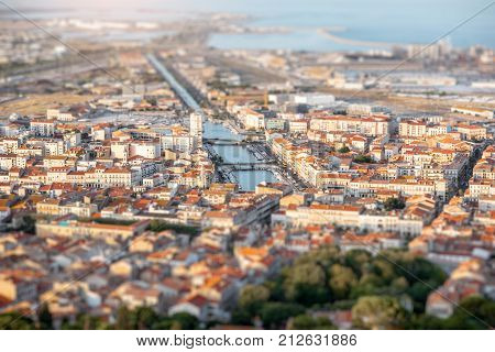 Aerial cityscape view on Sete village during the sunset in Occitanie region in southern France