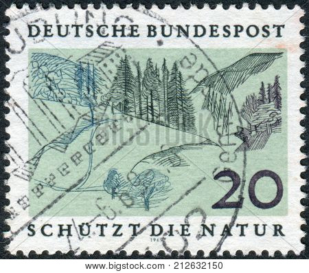 GERMANY - CIRCA 1969: Postage stamp printed in Germany dedicated to European Nature Preservation Year shows Mittelgebirge circa 1969
