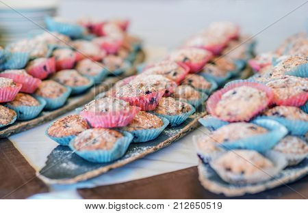 Set of  homemade fresh cupcakes dusted powdered sugar in blue and pink paper wrapper on wooden background.Sweet cookies