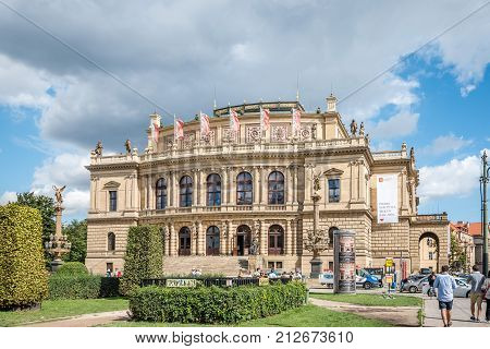 Prague, Czech Republic - August 20, 2017: Outdoor view of The Rudolfinum, a neo-renaissance style building in Prague, seat of Philharmonic Orchestra as well as the Galerie Rudolfinum.