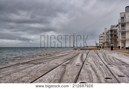 Embankment of the Baltic Sea in modern style. Malm, Sweden. Ribersborg, Kallbadhus. Long and sandy beache.