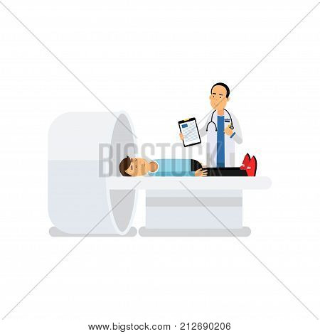 Male doctor with paper tablet in hand examining patient on computed tomography scanner in hospital. Professional at work. Treatment and healthcare concept. Isolated vector illustration in flat style.